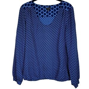 Ann Taylor Blue Scoop Neck Geometric Long Sleeve Blouse Tunic Top Size Medium
